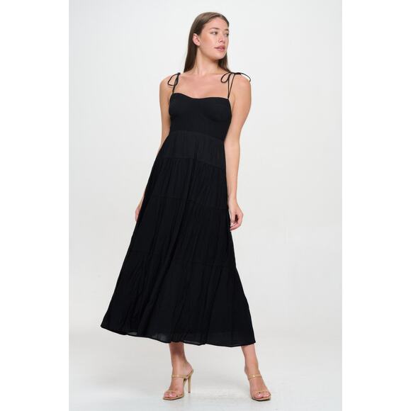 HackleBeeBlack Solid Smocked Ruffle Maxi Dress Size S M L